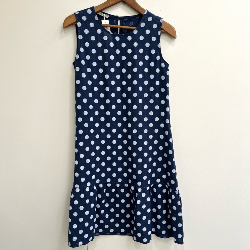 Francesca Bettini Navy Blue Polka Dot Linen Dress Sleeveless Small Medium